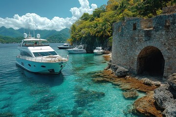 Poster - A boat is moored in calm, clear blue water with no signs of human activity nearby
