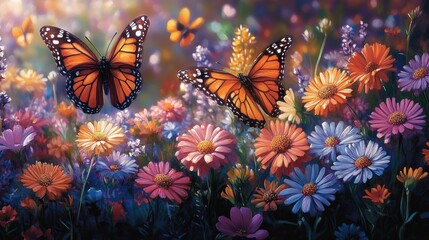 Poster - Two butterflies among vibrant flowers in a colorful garden setting.