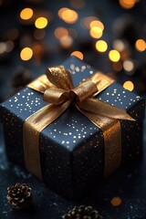 Poster - A small blue gift box tied with a shiny golden bow, perfect for presents or decorations