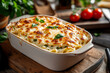© barmaleeva - Baked pasta in a casserole dish topped with melted cheese, fresh basil