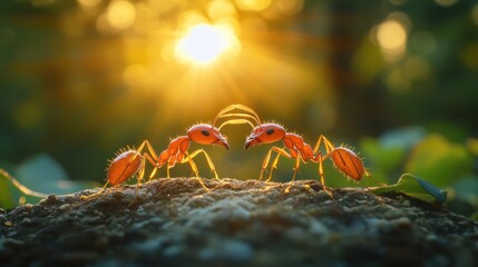 Aufkleber - Two red ants interact on a surface with sunlight illuminating the background.