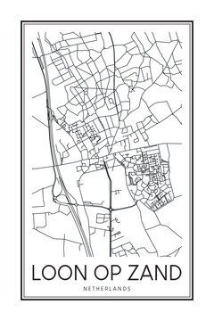 Printable downtown road map poster of the Dutch city of LOON OP ZAND on solid white background with city name