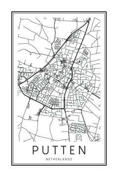 Printable downtown road map poster of the Dutch city of PUTTEN on solid white background with city name