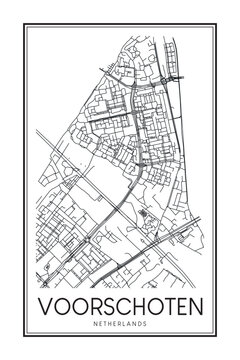 Printable downtown road map poster of the Dutch city of VOORSCHOTEN on solid white background with city name