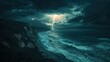 © Tuachan - Dramatic Lightning Strike Over Turbulent Ocean Waves at Dusk with Stormy Clouds and Rugged Cliffs in a Breathtaking Coastal Landscape