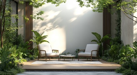 Poster - Cozy natural living room design with rattan chairs and green plants in bright daylight