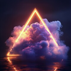 Poster - Vibrant neon triangle surrounded by colorful swirling clouds in a dark space