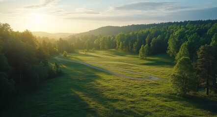 Sticker - Wide view of a serene green landscape at sunset with rolling hills and trees in the distance