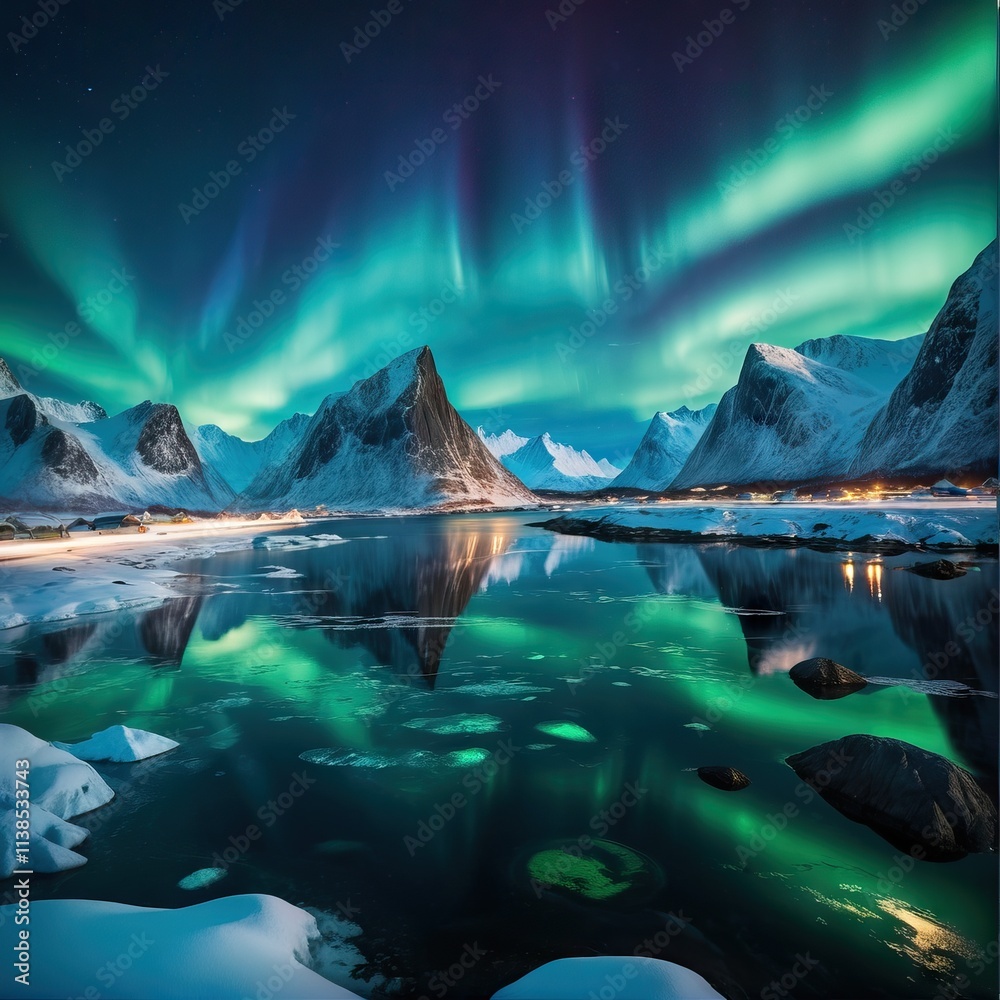 Aurora borealis illuminating snowy mountains reflecting in a fjord in ...