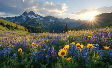 Sticker - Majestic mountain landscape with vibrant wildflowers at sunset