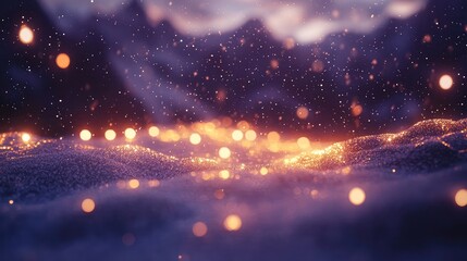 Poster - Magical sparkling landscape at night. Shimmering golden lights and purple hues create a dreamy, ethereal atmosphere. Perfect for fantasy or winter themes.