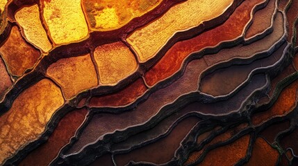 Poster - Aerial view of vibrant terraced fields bathed in warm, golden sunlight. The intricate network of ridges and valleys creates a captivating texture.