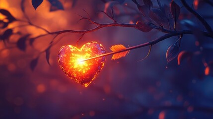 Poster - A fiery heart pierced by an arrow, hanging from a dark branch.  Passion and romance in a surreal, digital artwork.