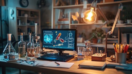 Poster - A dimly lit laboratory workspace features a computer displaying a scientific diagram, surrounded by glassware and tools, creating an atmosphere of scientific research and discovery.