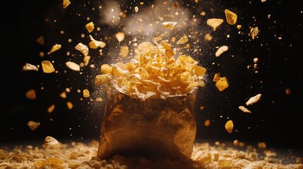 Poster - Crispy potato chips exploding from a bag in a dramatic burst of golden deliciousness. A captivating image perfect for food blogs and packaging.