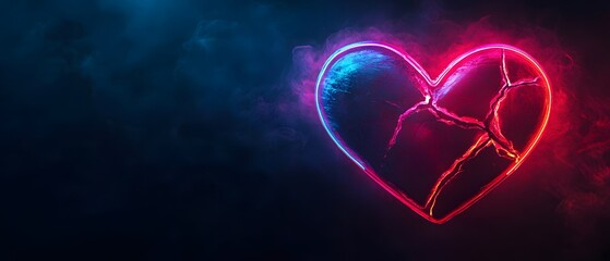 Aufkleber - Glowing Neon Heart with Cracks on a Dark Background Creating a Symbol of Emotion, Love, and Heartbreak in a Creative Digital Art Style