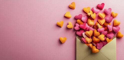 Wall Mural - Colorful heart confetti pouring from envelope on pink background for romantic occasions