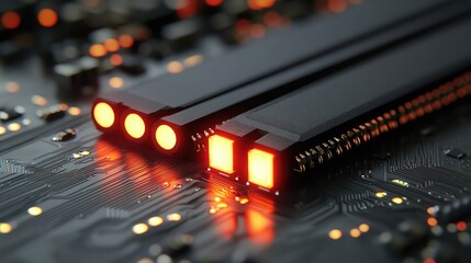 Poster - Close-up of illuminated circuit board components, showcasing intricate details and vibrant red lights.  A captivating image representing technological advancement.