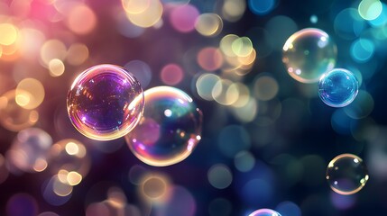 Poster - Colorful Bubbles Floating in a Dreamy Atmosphere with Soft Light and Out of Focus Background for Creative and Artistic Visuals