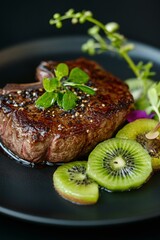 Wall Mural - Sizzling grilled steak served with kiwi and edible flowers on a plate