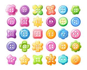 Poster - clothing buttons cartoon vector set. round circle star flower needlework shapes textile sewing asset