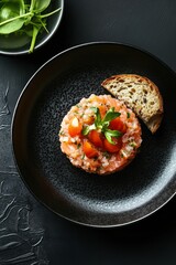 Wall Mural - Fresh fish tartare served on a plate with herbs and cherry tomatoes garnished with bread slices