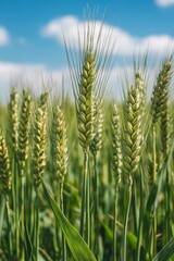Wall Mural - wheat field under bright blue sky with fluffy clouds during sunny day