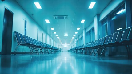 Poster - Clean modern hospital corridor with empty chairs and bright lighting