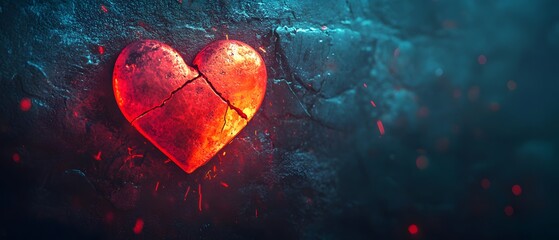 Aufkleber - Cracked Heart Symbolizing Broken Love and Emotional Pain Against a Dark Textured Background with Glowing Red Light and Dramatic Shadows