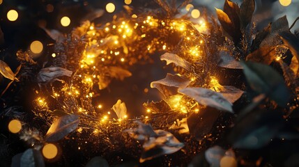 Poster - Cozy festive wreath with golden lights and natural greenery