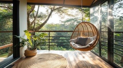 Poster - Cozy balcony with a hanging chair and a serene view of nature