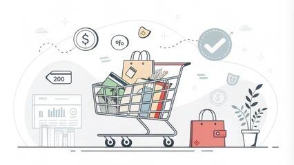 Poster - Shopping cart full of purchases illustrating online shopping concept, with credit card, shopping bags and icons related to security and payment methods, ideal for representing e commerce and retail