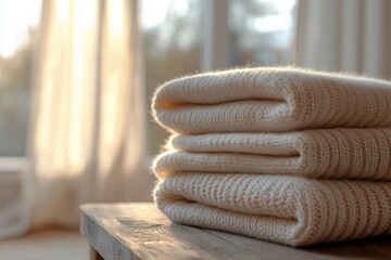 Poster - Stacked soft neutral sweaters on a wooden table in a warm sunlight atmosphere