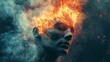 © AnaV - Abstract depiction of a person's head with flames and smoke illustrating mental burnout and emotional distress