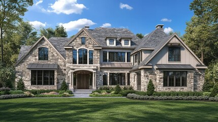 Poster - Elegant suburban home with stone facade and a manicured lawn on a sunny day