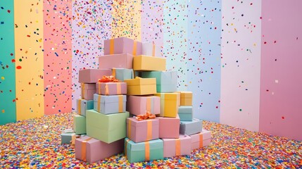 Poster - Festive boxes stacked high on a colorful confetti-covered floor