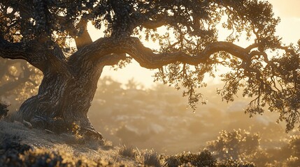 Canvas Print - Majestic ancient oak tree at sunrise, backlit by golden light, showcasing gnarled branches and textured bark.