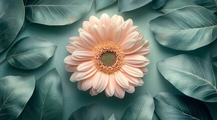 Wall Mural - Pink flower surrounded by lush green leaves in a natural setting during daylight hours