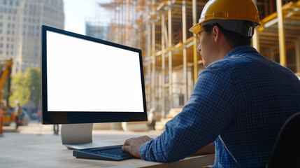 Construction engineer working on computer with blank screen at a building site during the day