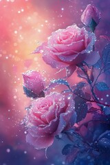 Poster - Stunning close up of sparkling pink rose surrounded by shimmering droplets in soft light