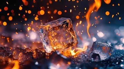 Poster - Melting ice cubes contrasting with fiery sparks in a dramatic setting