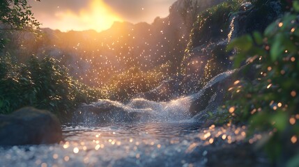 Poster - Serene Mountain Stream at Sunrise with Sparkling Water Drops and Gentle Mist Surrounded by Lush Greenery and Vibrant Sunlight Filtering Through Dusty Air