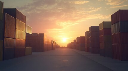 Poster - Rows of shipping containers stacked at a port during sunset