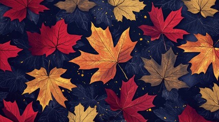Poster - Seamless pattern of red and golden autumn leaves on a dark background