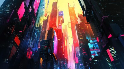 Poster - Sunlight reflecting off colorful skyscrapers in a bustling urban skyline
