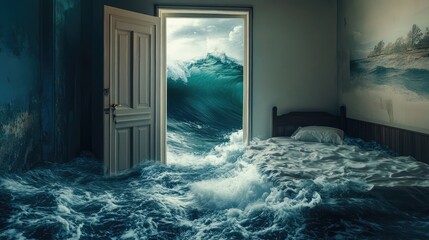 Poster - Surreal scene of ocean waves flooding through an open bedroom door