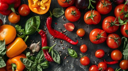 Wall Mural - Fresh tomatoes, peppers, and greens on a dark textured background