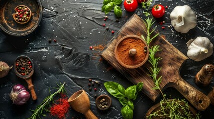 Wall Mural - Fresh herbs, spices, and vegetables arranged on a dark background