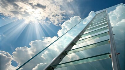 Poster - Glass stairway ascending toward heaven, illuminated by bright sunbeams filtering through fluffy white clouds, embodying hope, success, and spiritual elevation