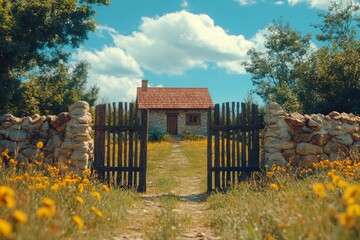 Poster - Tranquil countryside scene with stone cottage surrounded by lush greenery